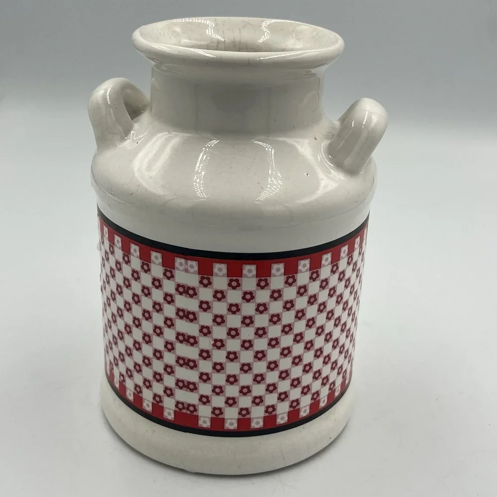 Vintage White Black Red Checkered Jar Jug Canister With Cats Linda Morgan‎ Japan